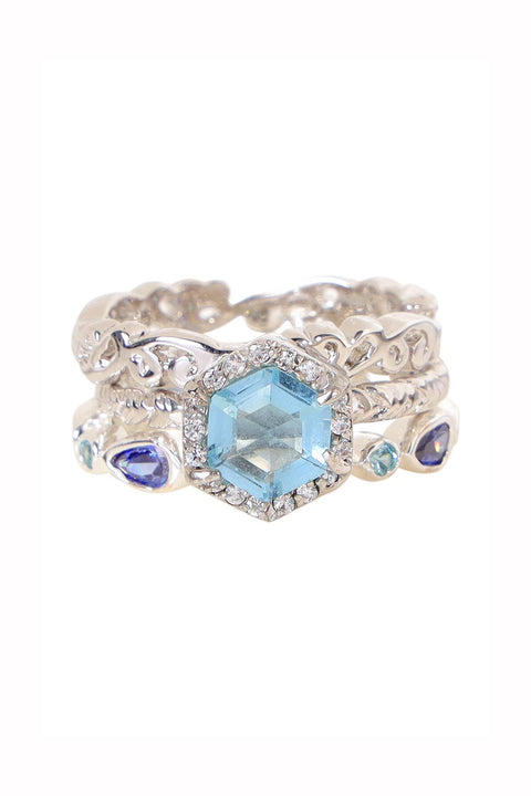 Sky Blue Crystal & CZ Stack Ring Set - SF