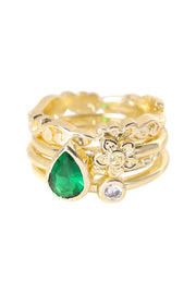 Emerald CZ & Flower Stack Ring Set - GF