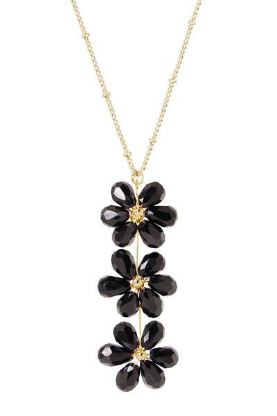 Black Austrian Crystal Flower Bloom Pendant Necklace - GF