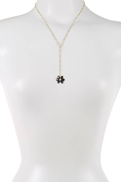 Black Austrian Crystal Flower Bloom Y Necklace - GF