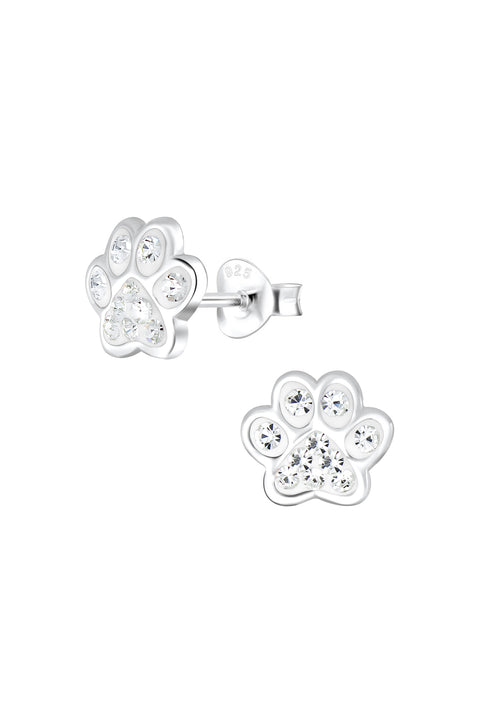 Sterling Silver & Clean Crystal Paw Print Stud Earrings - SS