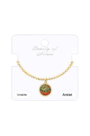 Unakite Beaded Round Charm Anklet - GF