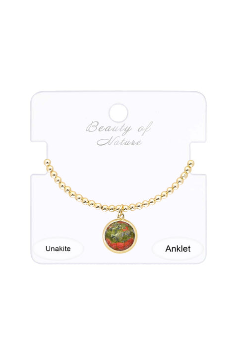 Unakite Beaded Round Charm Anklet - GF