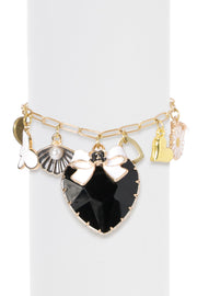 Black Crystal Heart & Multi-Charm Bracelet - BR