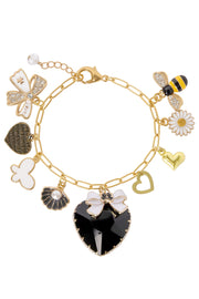 Black Crystal Heart & Multi-Charm Bracelet - BR