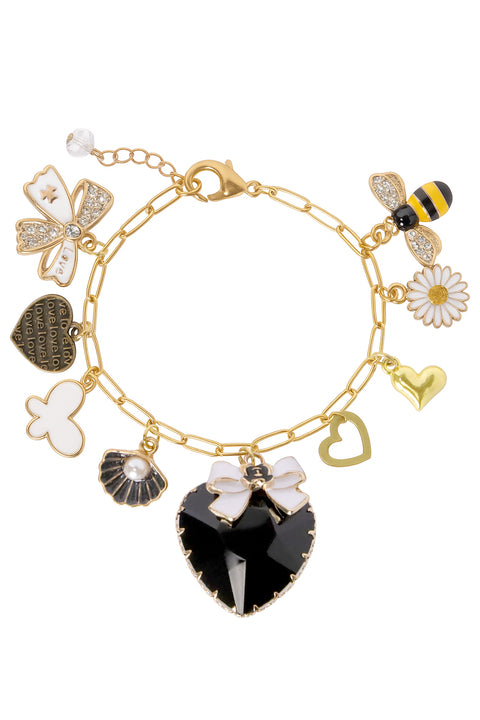 Black Crystal Heart & Multi-Charm Bracelet - BR