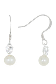 Sterling Silver Heart Clear CZ & Faux Pearl Earrings - SS