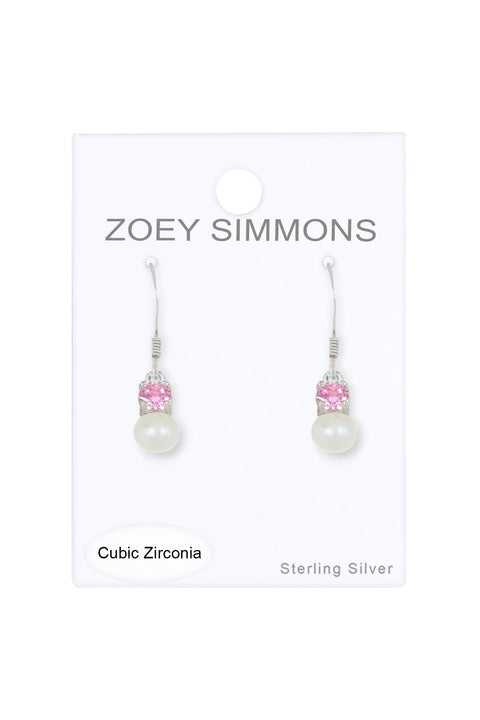 Sterling Silver Faux Pearl & Pink CZ Drop Earrings - SS