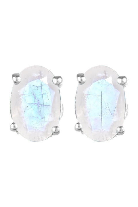 Sterling Silver Rainbow Moonstone Oval Stud Earrings - SS