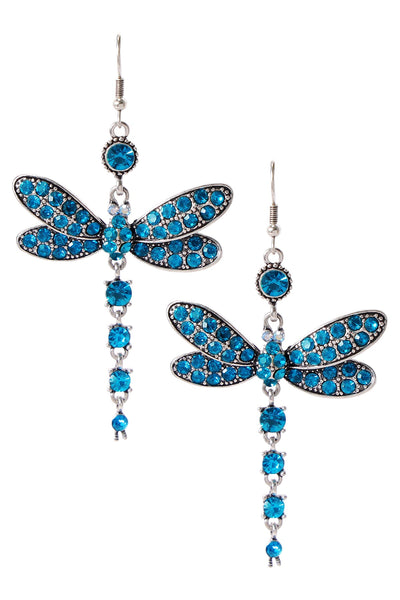 Blue Austrian Crystal Dragonfly Drop Earrings - SF