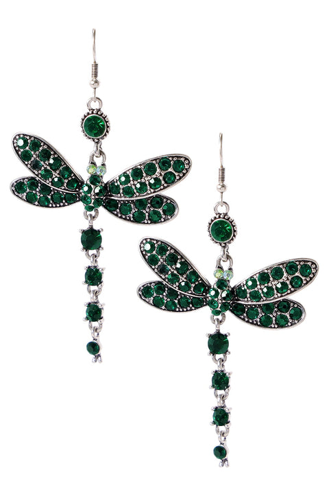 Emerald Austrian Crystal Dragonfly Drop Earrings - SF