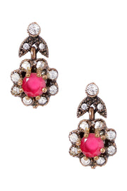 Pink Crystal Flower Post Earrings In Antique Gold - AG