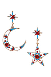 Red Crystal Moon & Star Asymmetrical Post Earrings - GP