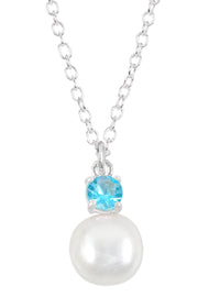 Sterling Silver Faux Pearl & Blue CZ Pendant Necklace - SS