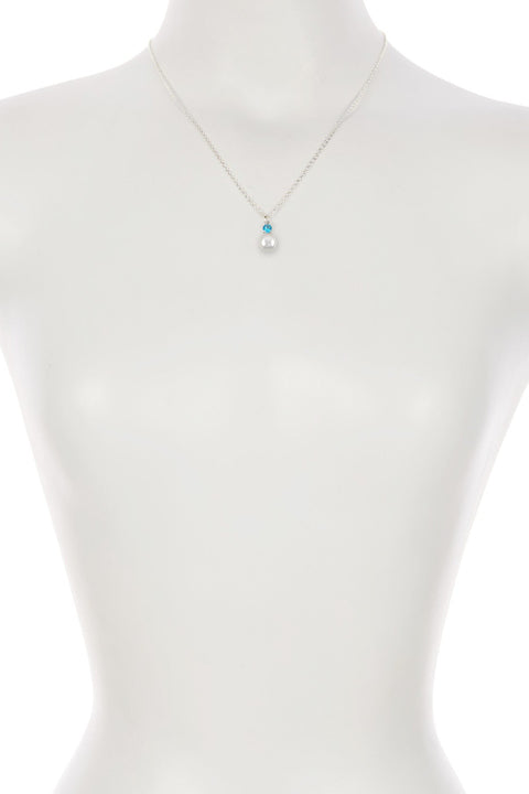 Sterling Silver Faux Pearl & Blue CZ Pendant Necklace - SS