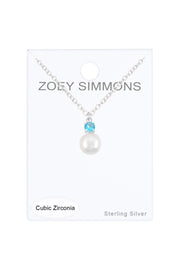 Sterling Silver Faux Pearl & Blue CZ Pendant Necklace - SS