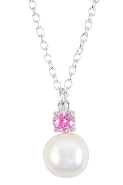 Sterling Silver Faux Pearl & Pink CZ Pendant Necklace - SS