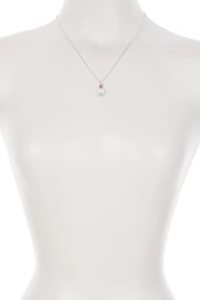 Sterling Silver Faux Pearl & Pink CZ Pendant Necklace - SS