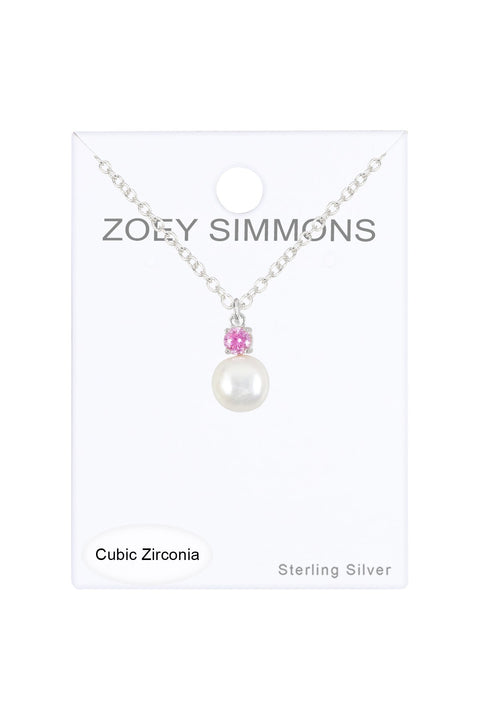 Sterling Silver Faux Pearl & Pink CZ Pendant Necklace - SS