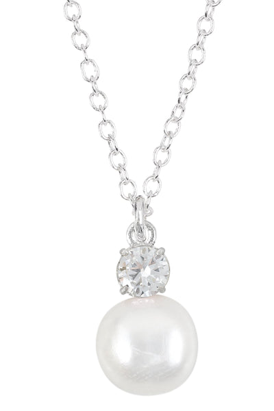 Sterling Silver Faux Pearl & Clear CZ Pendant Necklace - SS