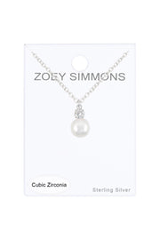 Sterling Silver Faux Pearl & Clear CZ Pendant Necklace - SS