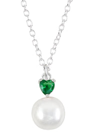 Sterling Silver Heart Emerald CZ & Faux Pearl Necklace - SS