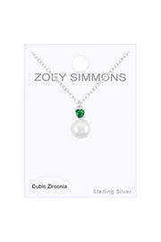 Sterling Silver Heart Emerald CZ & Faux Pearl Necklace - SS