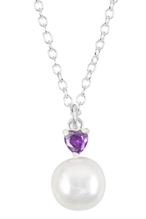 Sterling Silver Heart Amethyst CZ & Faux Pearl Necklace - SS