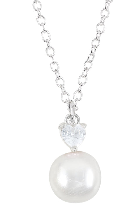 Sterling Silver Heart Clear CZ & Faux Pearl Necklace - SS