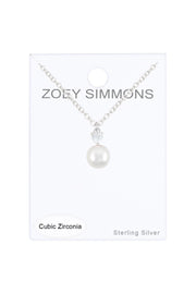 Sterling Silver Heart Clear CZ & Faux Pearl Necklace - SS