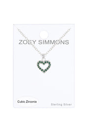 Sterling Silver & Emerald CZ Pave Heart Necklace - SS