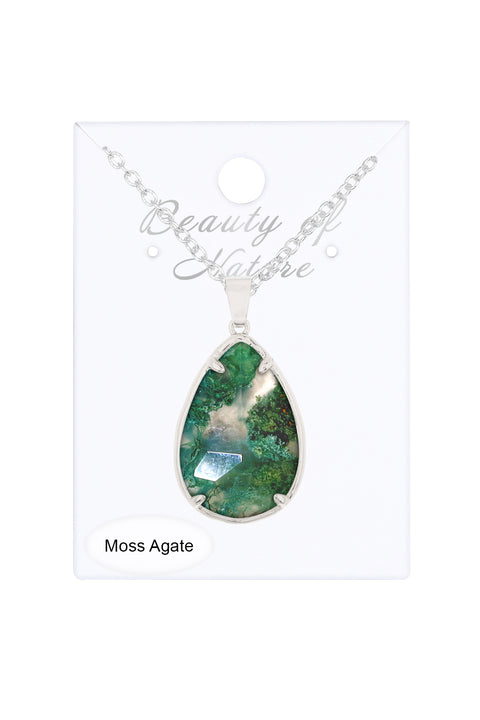 Moss Agate Pear Cut Pendant Necklace - SF