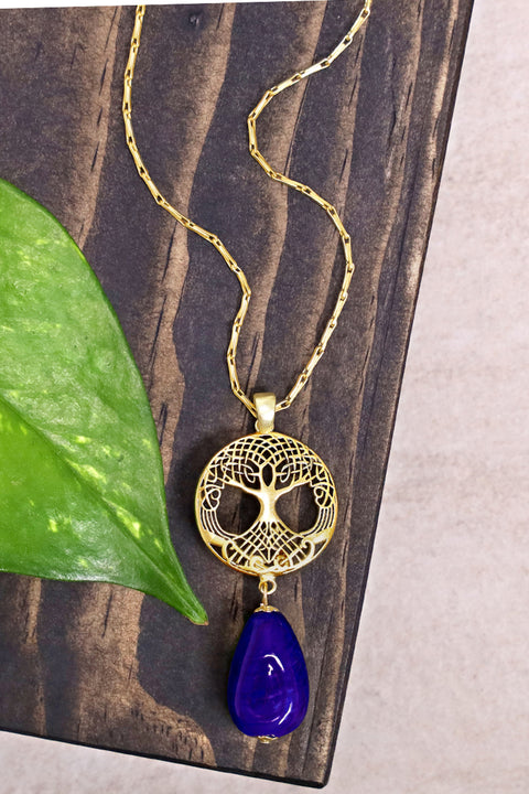 Blue Murano Glass & Tree Of Life Pendant Necklace - GF