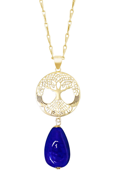 Blue Murano Glass & Tree Of Life Pendant Necklace - GF
