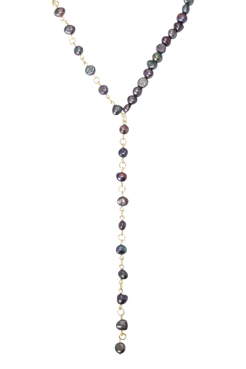 14k Gold Filled Black Freshwater Pearl Y Necklace - GF