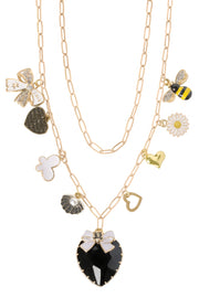 Black Crystal Heart & Multi-Charm Layered Necklace - BR