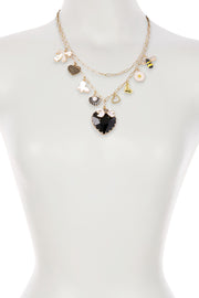 Black Crystal Heart & Multi-Charm Layered Necklace - BR