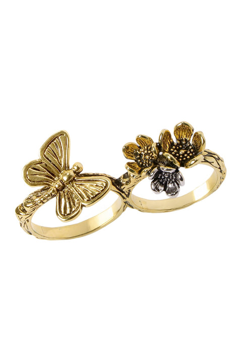 Butterfly And Flower Two Finger Ring - AG