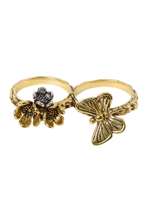 Butterfly And Flower Two Finger Ring - AG