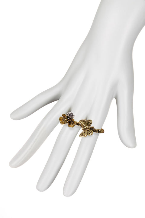Butterfly And Flower Two Finger Ring - AG