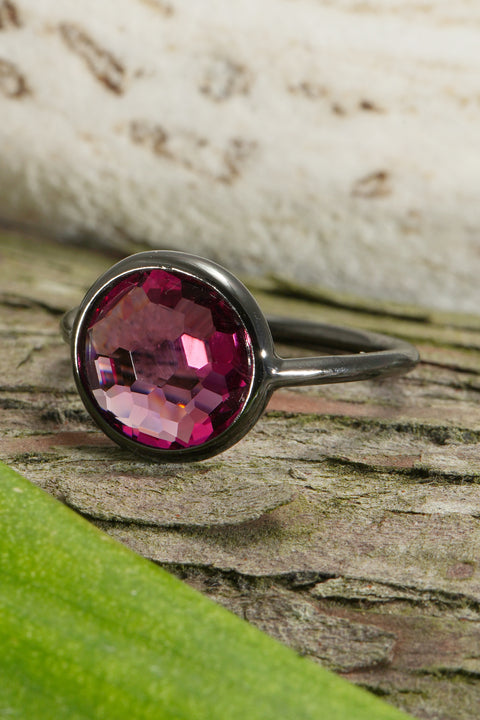 Raspberry Crystal Ring In Gunmetal - SF