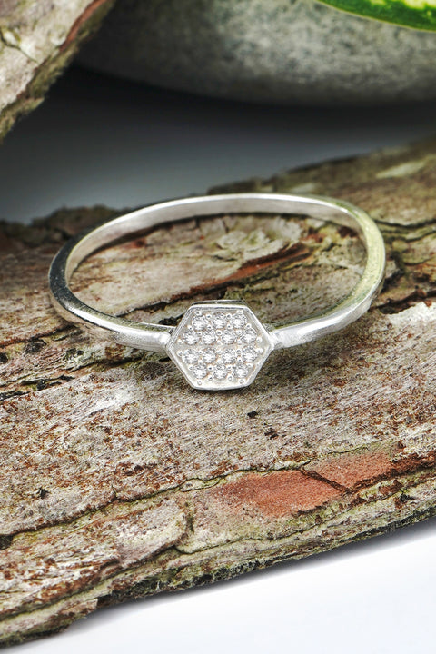 Sterling Silver Hexagon Ring With CZ- SS