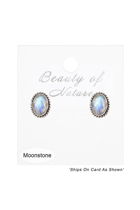 Sterling Silver & Rainbow Moonstone Oval Post Earrings - SS
