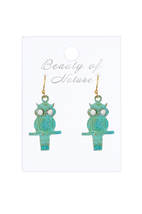 Natural Verdigris Patina Owl Drop Earrings - BR