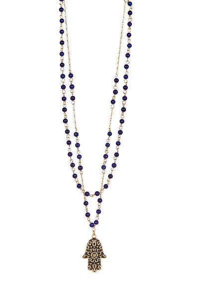 Double Strand Lapis & Hamsa Pendant Necklace - GF