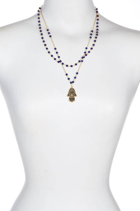 Double Strand Lapis & Hamsa Pendant Necklace - GF