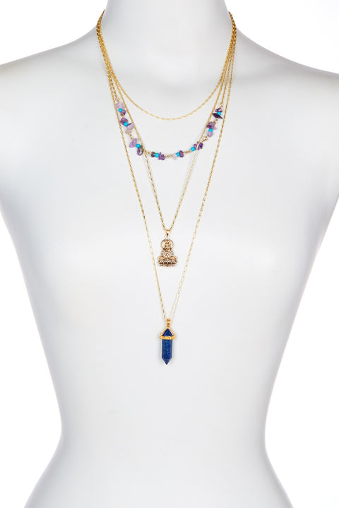 Lapis & Guan Yin Triple Strand Blessing Necklace - GF