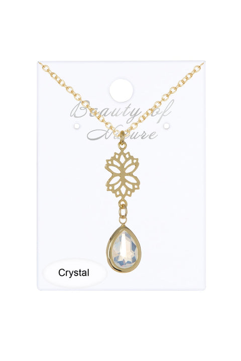 Moonstone Crystal & Lotus Pendant Necklace - GF