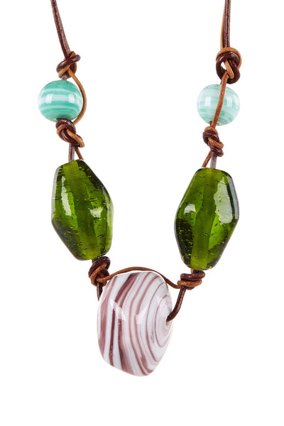 Murano Glass With Leather Bohemian Necklace - GF