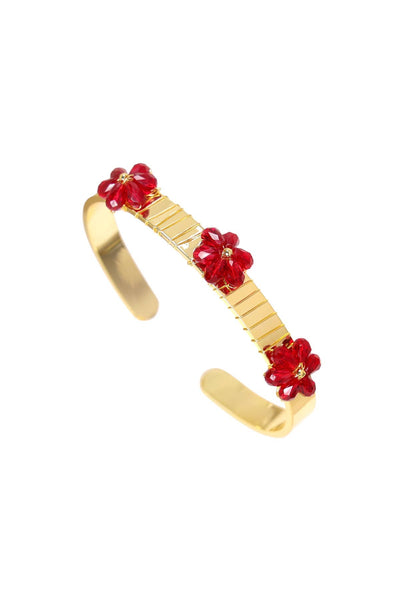 Red Austrian Crystal Flower Bloom Cuff Bracelet - GF